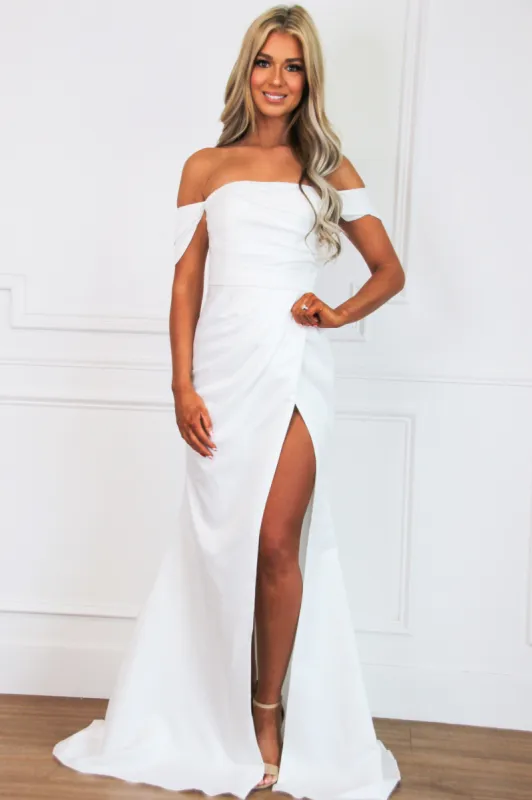 Madison Off Shoulder Button Wedding Dress: White sold by Bella and Bloom