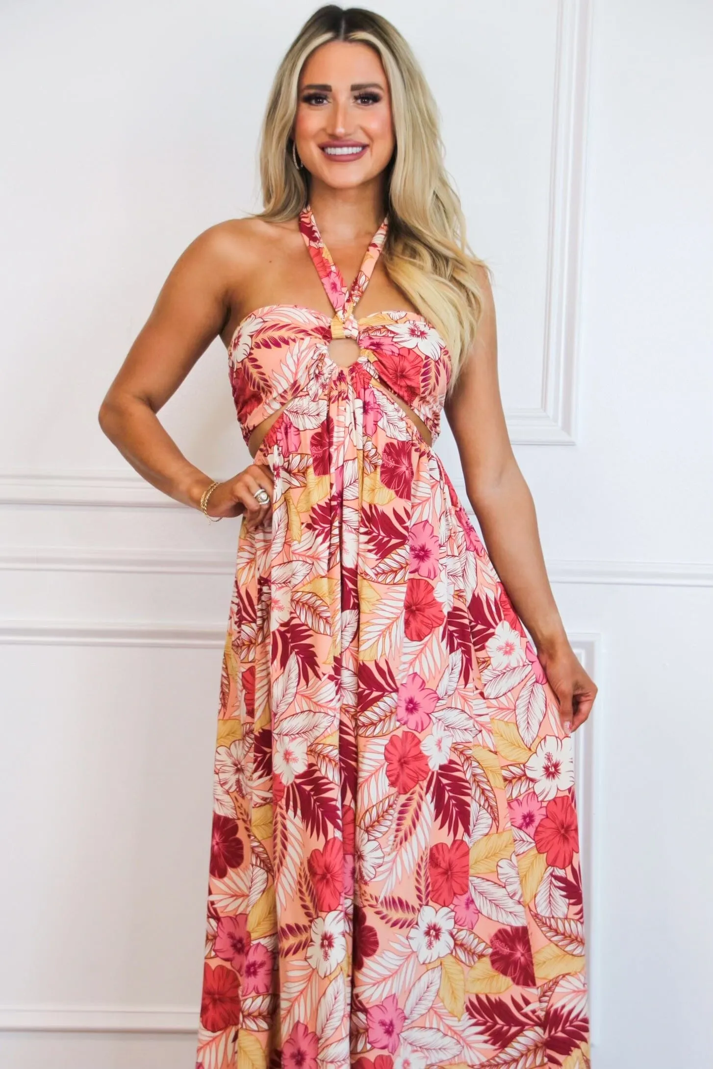 On Vacay Time Halter Cutout Floral Maxi Dress: Peach/Red Multi sold by Bella and Bloom product image thumbnail 2