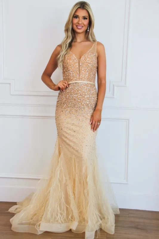 Iris Embellished Feather Mermaid Formal Dress: Gold sold by Bella and Bloom
