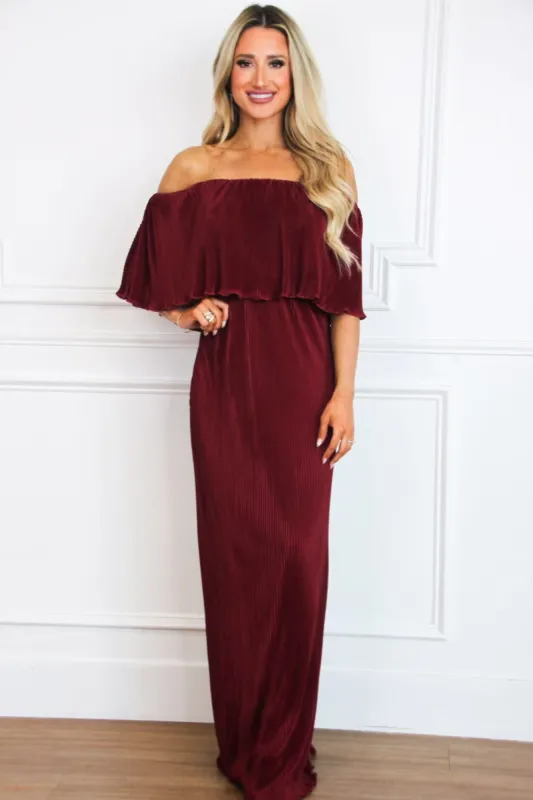 Let It Be Beautiful Pleated Maxi Dress: Burgundy sold by Bella and Bloom