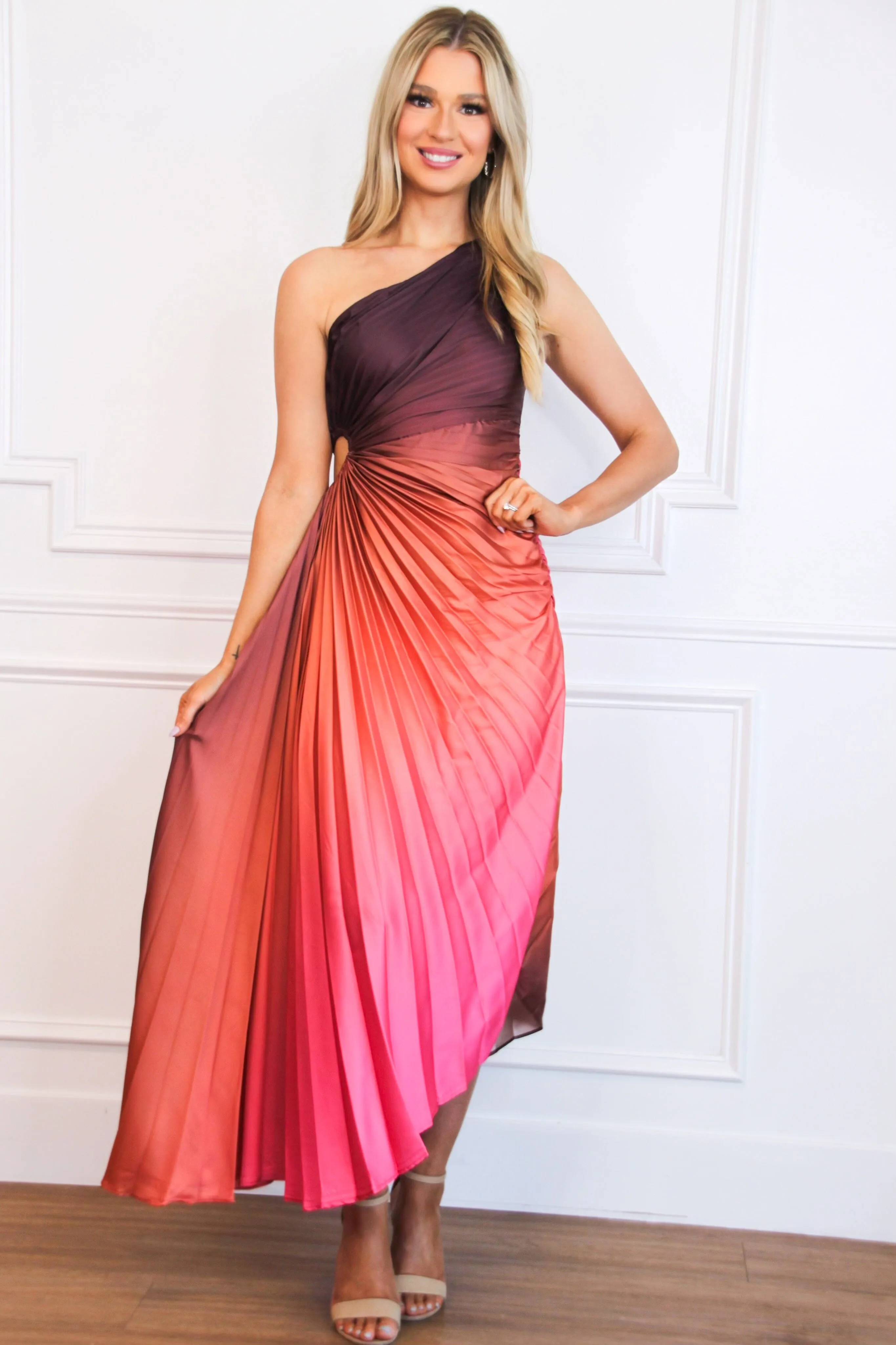 St Tropez Ombre Pleated One Shoulder Maxi Dress: Coral/Rust Multi sold by Bella and Bloom
