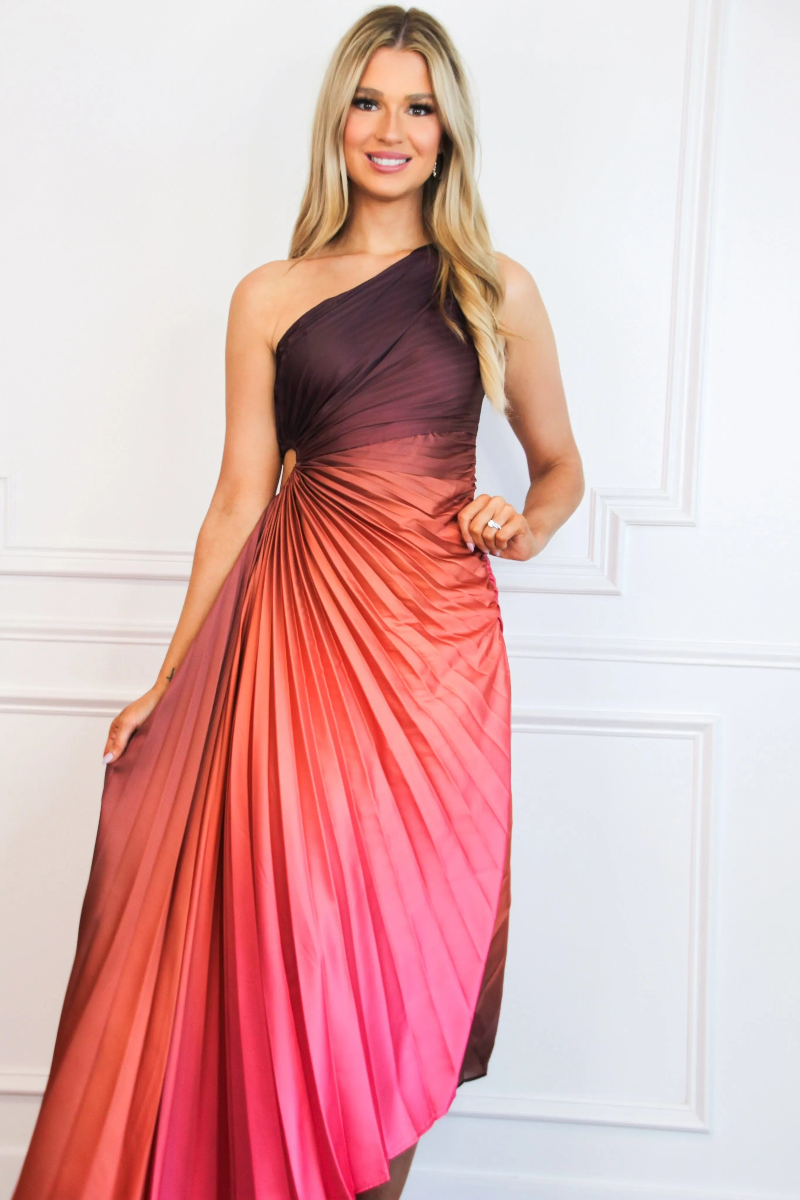 St Tropez Ombre Pleated One Shoulder Maxi Dress: Coral/Rust Multi sold by Bella and Bloom product image thumbnail 3