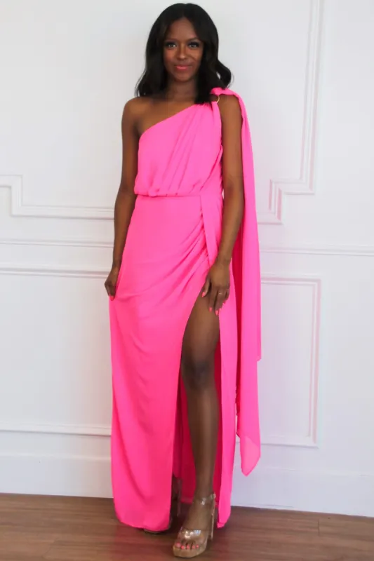 Athena One Shoulder Cape Sleeve Maxi Dress: Electric Pink sold by Bella and Bloom