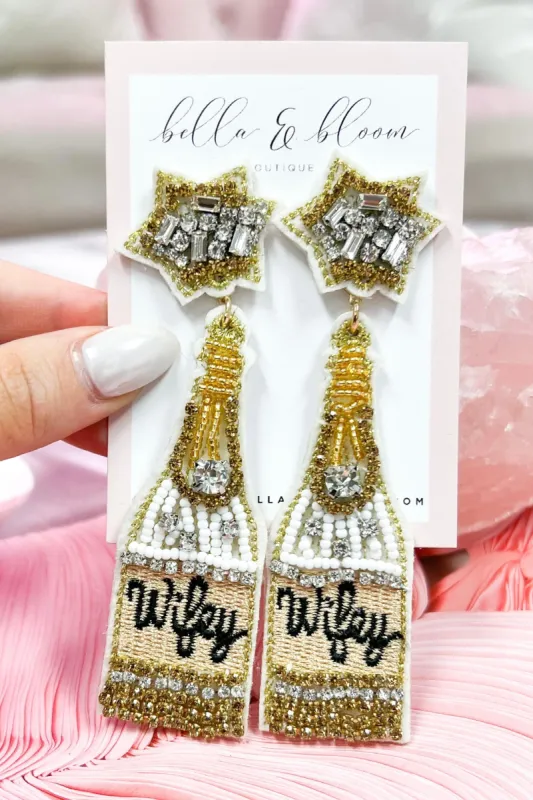 Beaded WIFEY Champagne Bottle Earrings: White/Gold sold by Bella and Bloom