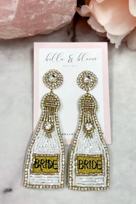 Pop the Champagne Bottle BRIDE Beaded Earrings: White sold by Bella and Bloom