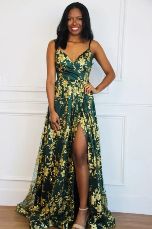 Holiday Affair Sparkly Open Back Maxi Dress: Emerald sold by Bella and Bloom