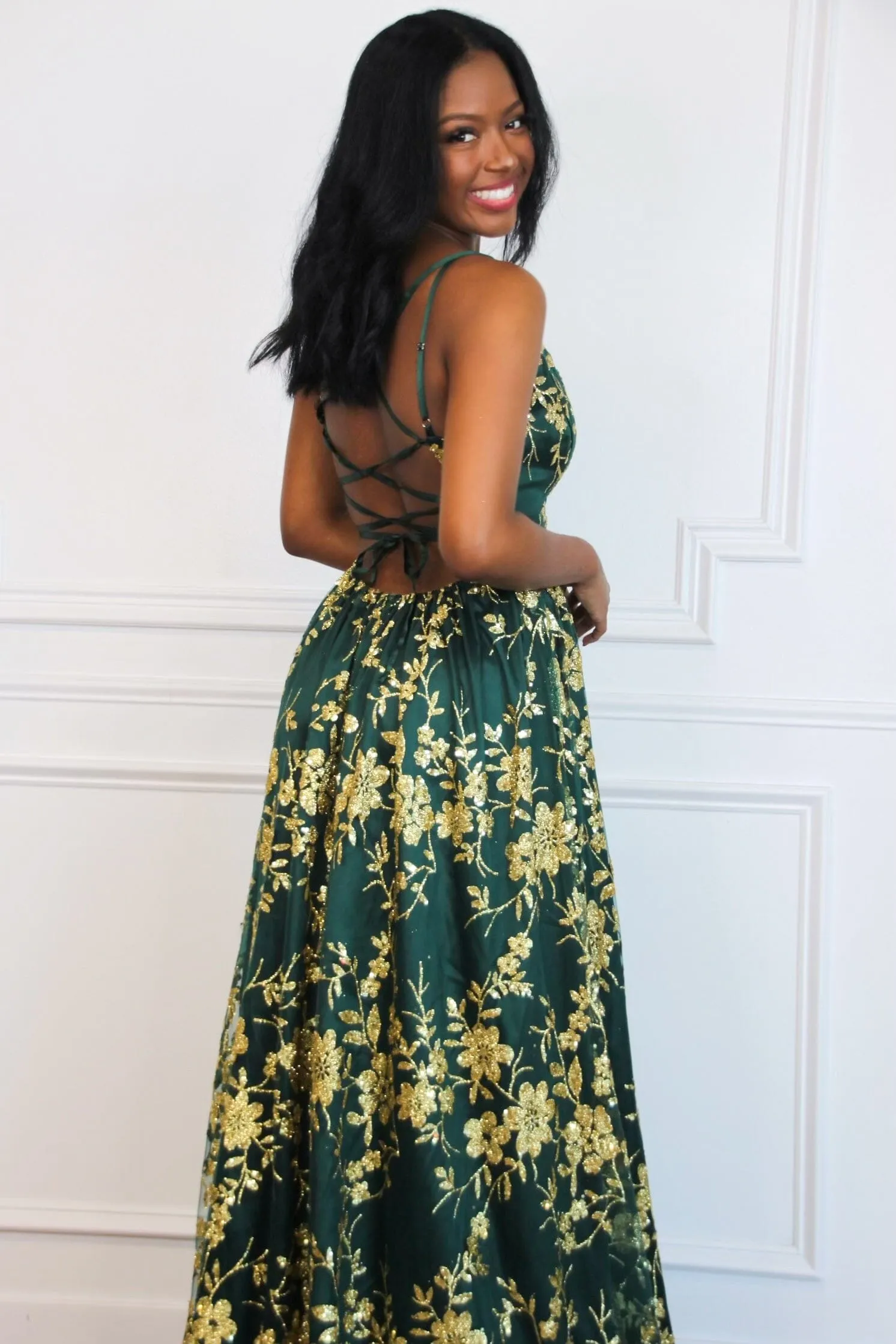 Holiday Affair Sparkly Open Back Maxi Dress: Emerald sold by Bella and Bloom product image thumbnail 2