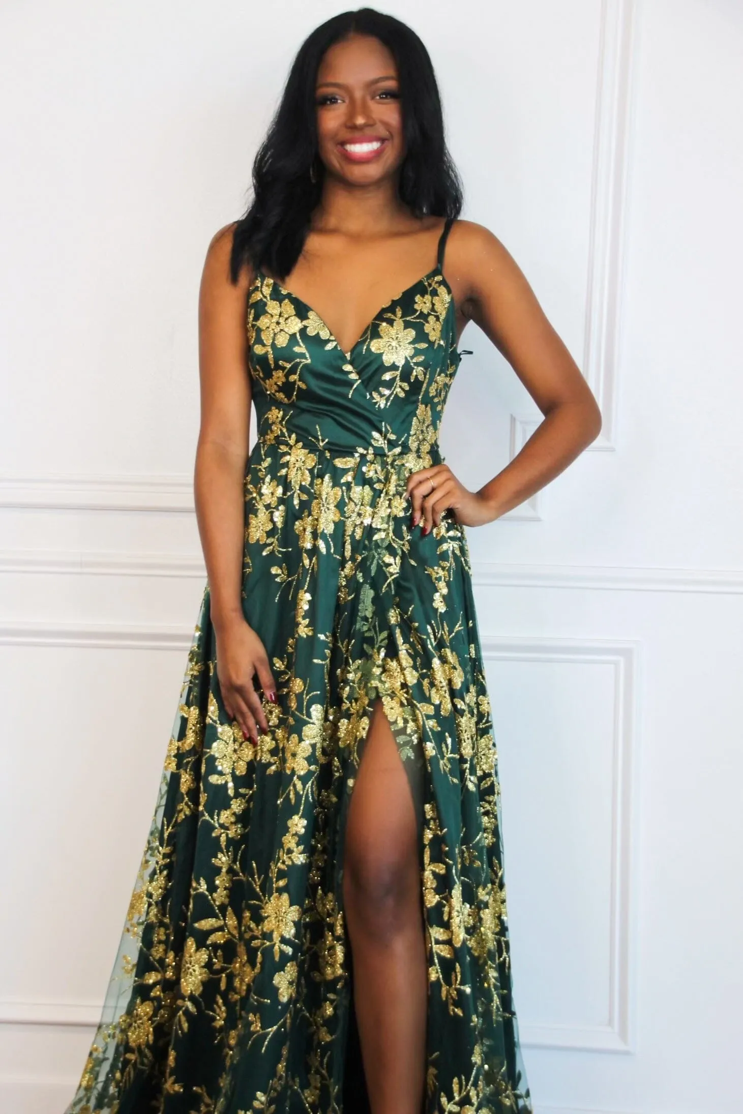 Holiday Affair Sparkly Open Back Maxi Dress: Emerald sold by Bella and Bloom product image thumbnail 3