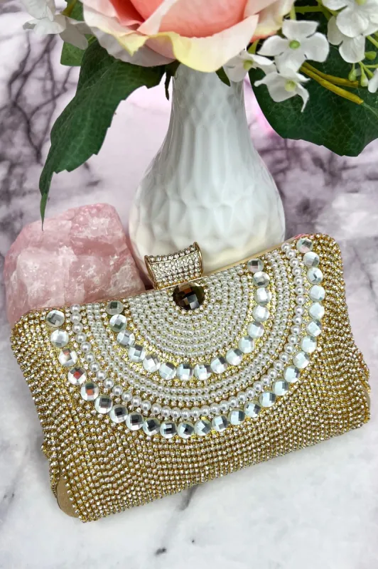 Gala Pearl Embellished Beaded Clutch: Gold sold by Bella and Bloom