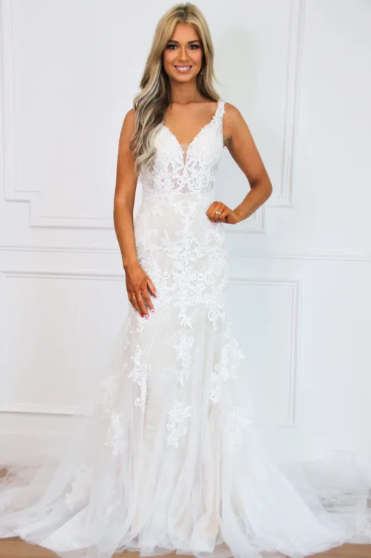 Romantic Moments Lace Mermaid Wedding Dress: White/Nude sold by Bella and Bloom