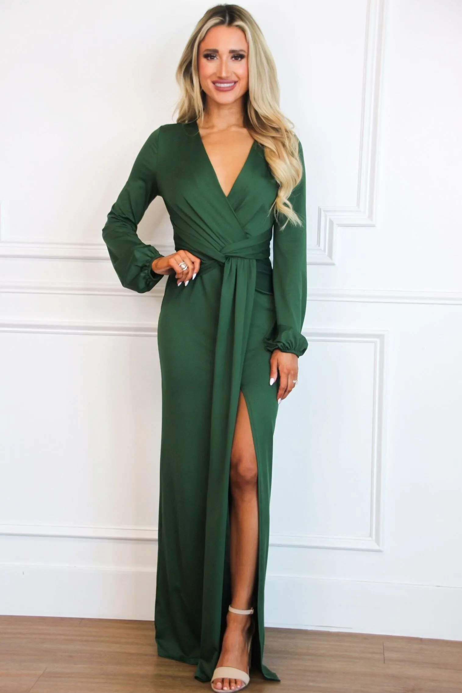 Phoebe Long Sleeve Maxi Dress: Hunter Green sold by Bella and Bloom