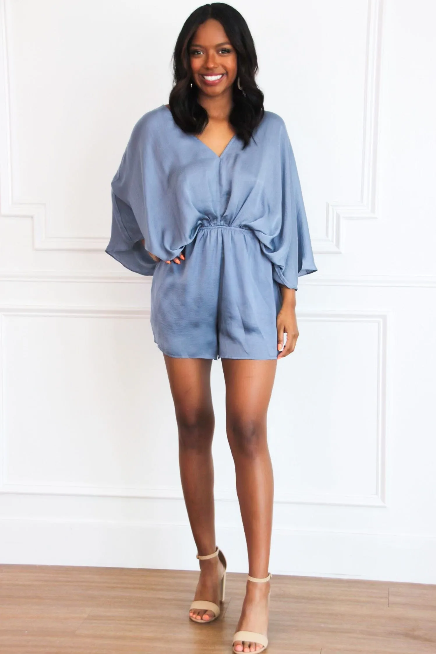 Jade Satin Kimono Sleeve Romper: Indigo sold by Bella and Bloom