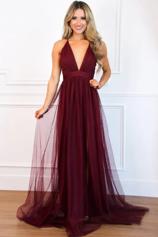 Forever Love Maxi Dress: Burgundy sold by Bella and Bloom