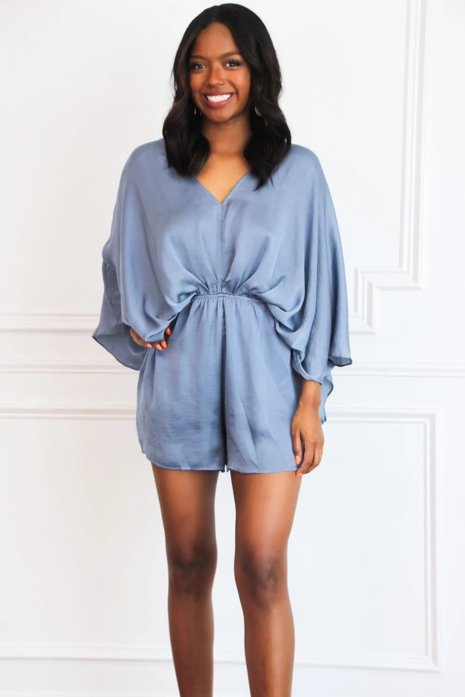 Jade Satin Kimono Sleeve Romper: Indigo sold by Bella and Bloom product image thumbnail 2