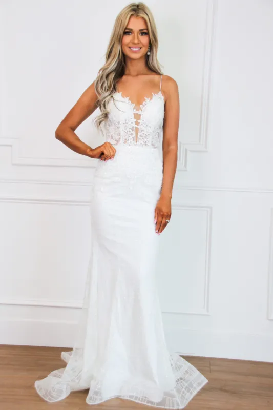 Halsey Lace Open Back Sparkly Formal Dress: White sold by Bella and Bloom