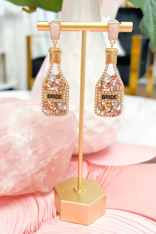 Rainbow Champagne Bottle Earrings: Gold BRIDE sold by Bella and Bloom