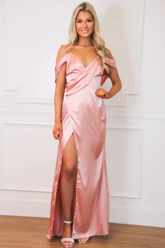 Cambry Satin Wrap Maxi Dress: Dusty Rose sold by Bella and Bloom