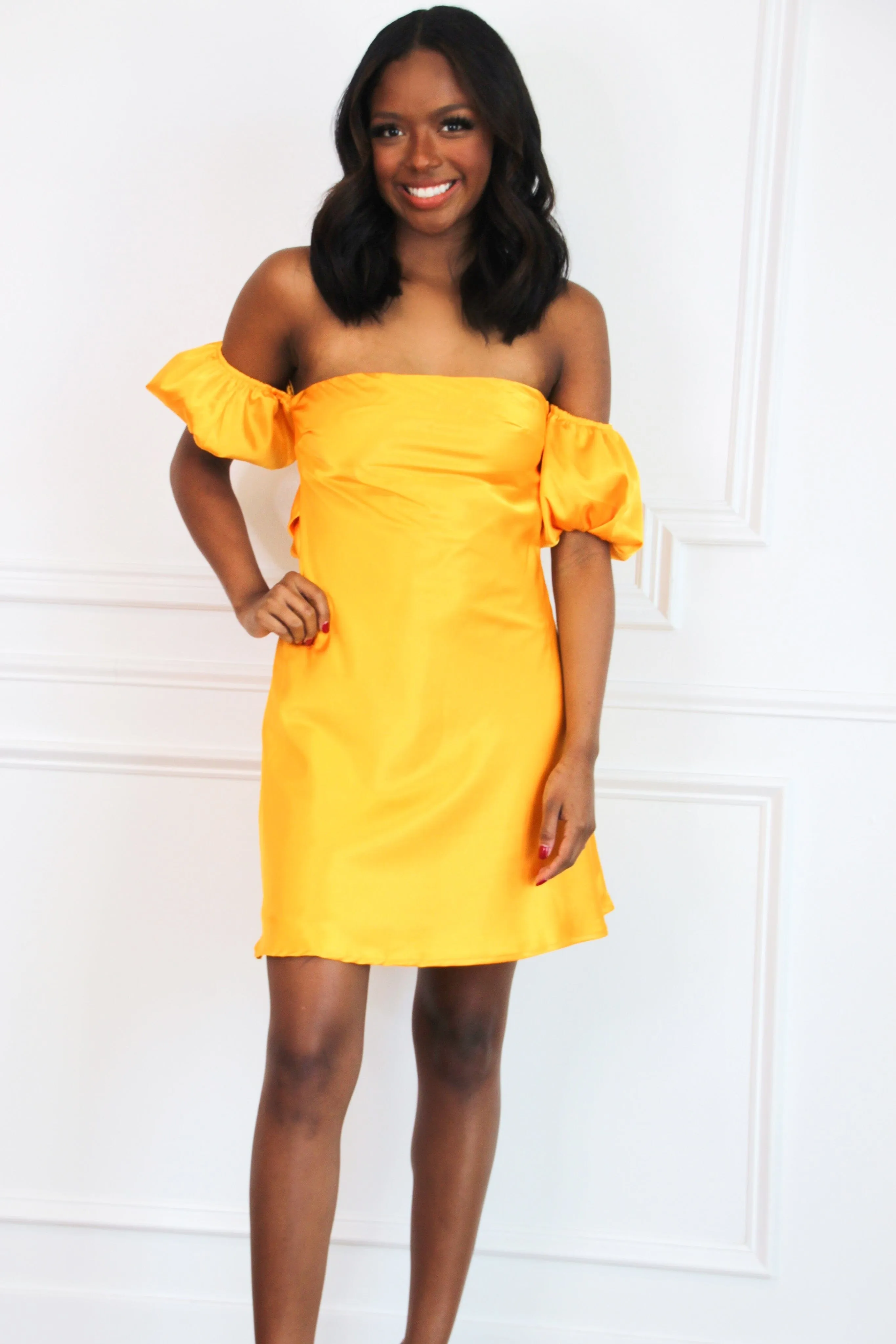 High Standards Satin Off Shoulder Dress: Mustard sold by Bella and Bloom product image thumbnail 5