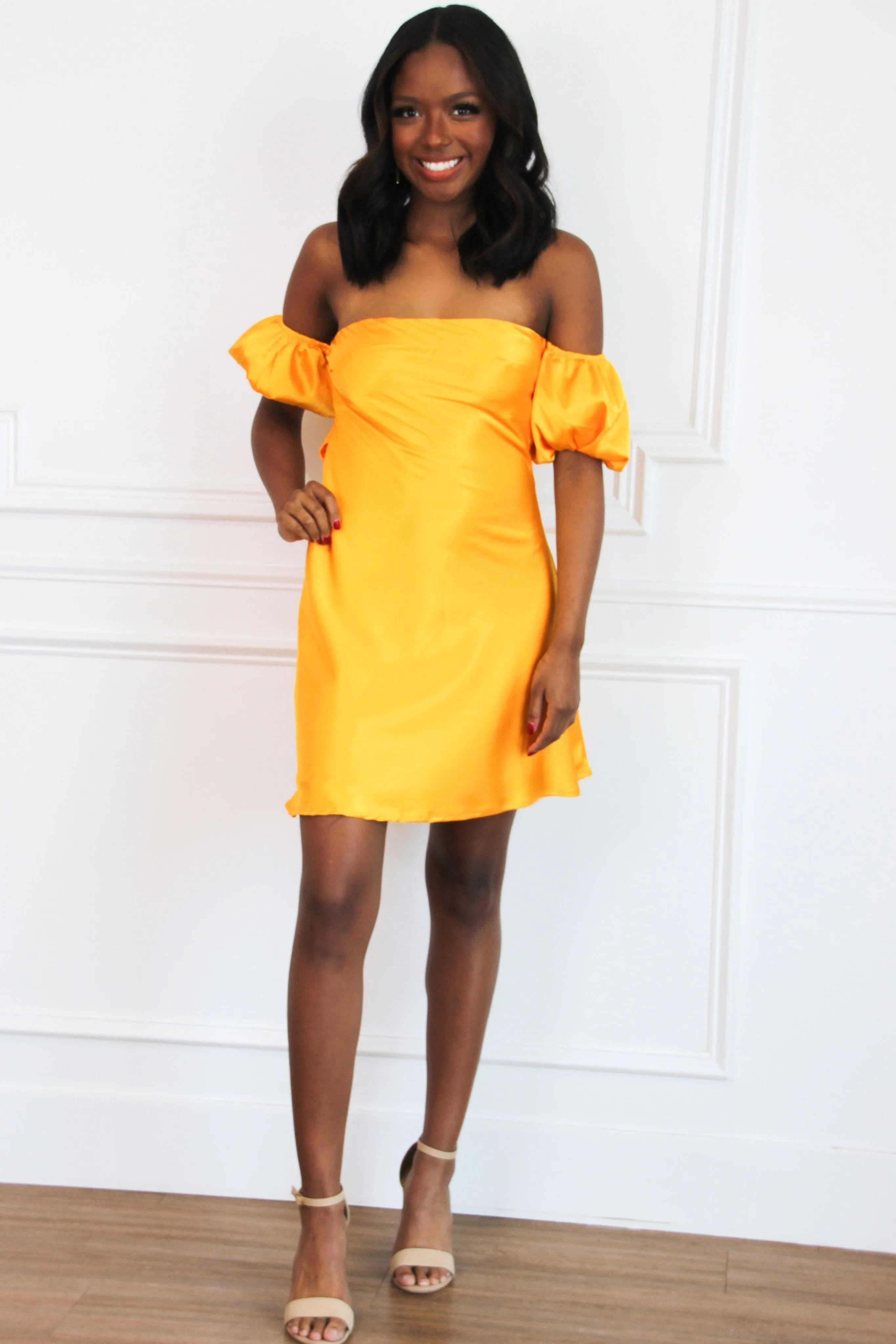 High Standards Satin Off Shoulder Dress: Mustard sold by Bella and Bloom product image thumbnail 3