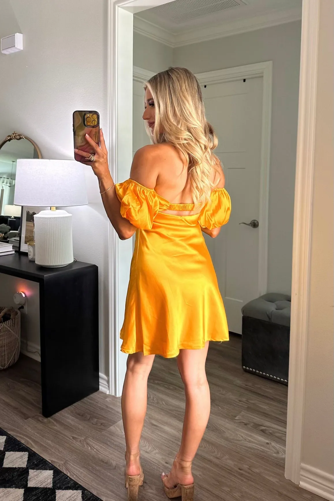 High Standards Satin Off Shoulder Dress: Mustard sold by Bella and Bloom product image thumbnail 2