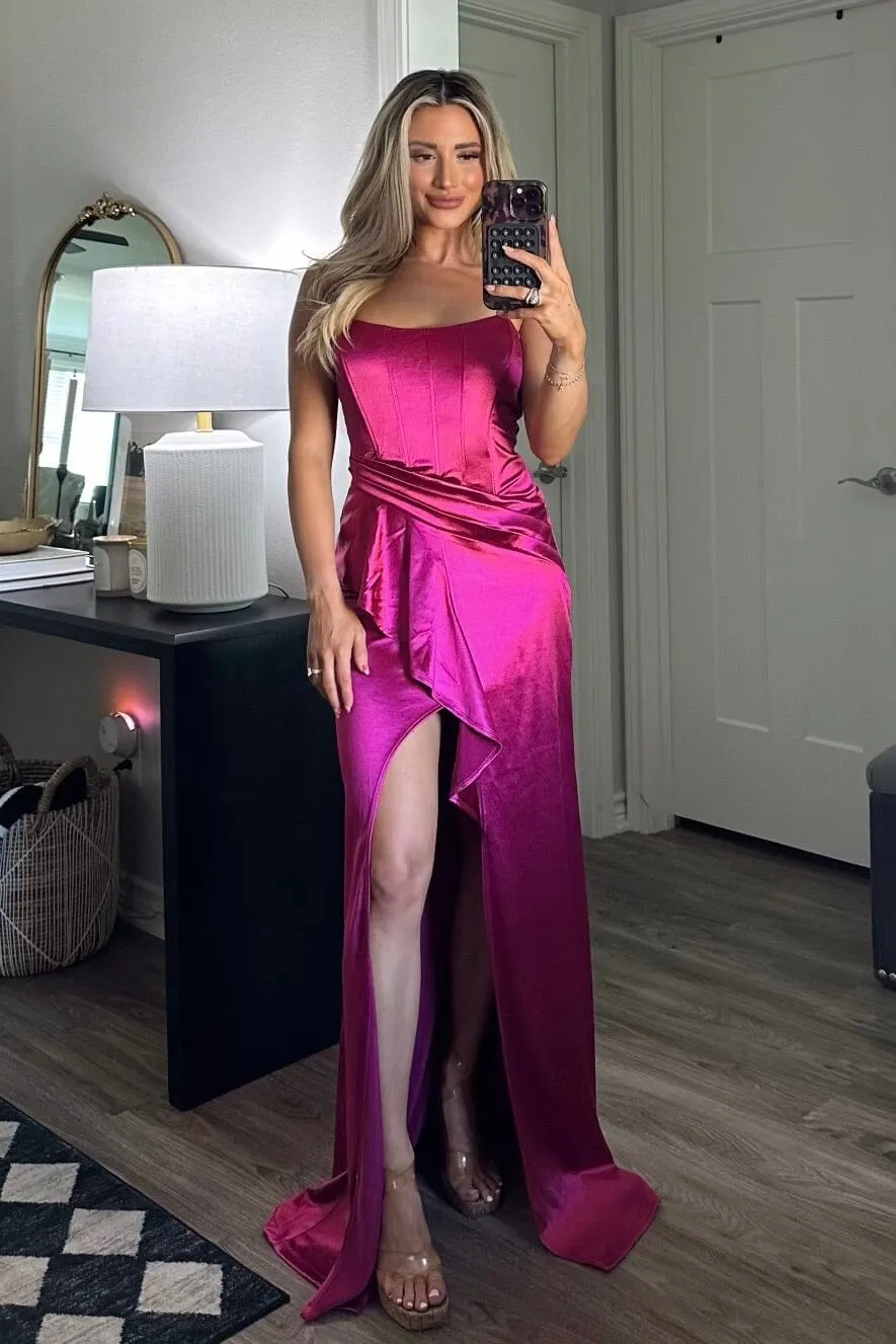 Lover Satin Ruffle Maxi Dress: Magenta sold by Bella and Bloom