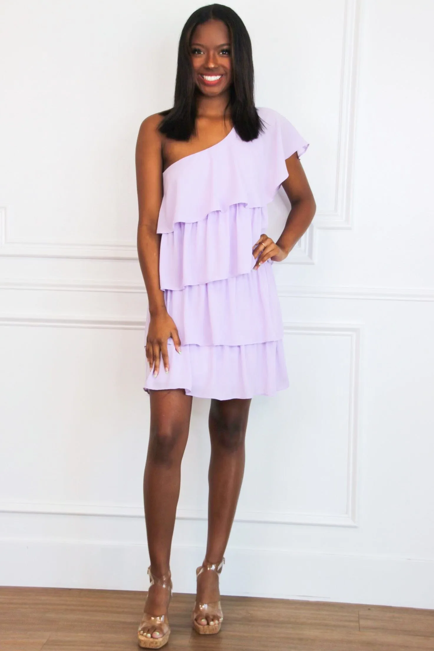 Just a Crush One Shoulder Tiered Ruffle Dress: Lavender sold by Bella and Bloom