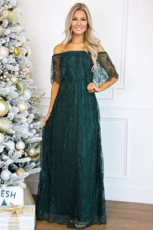 Enchanted to Meet You Lace Maxi Dress: Emerald sold by Bella and Bloom