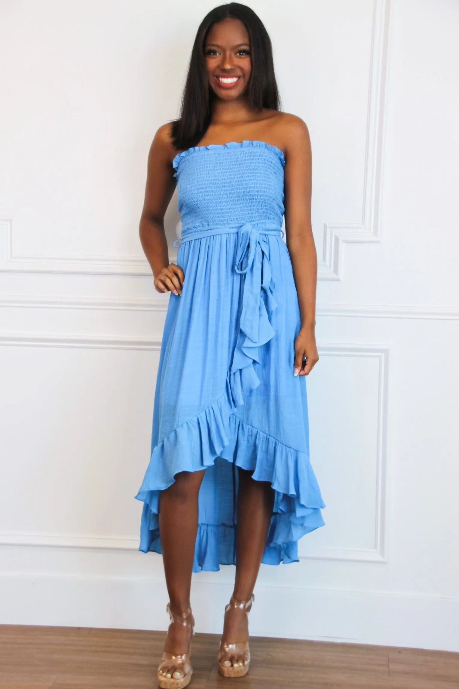 Kellie Smocked Midi Dress: Blue sold by Bella and Bloom