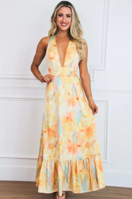 Celestina Floral Watercolor Open Back Maxi Dress: Yellow Multi sold by Bella and Bloom