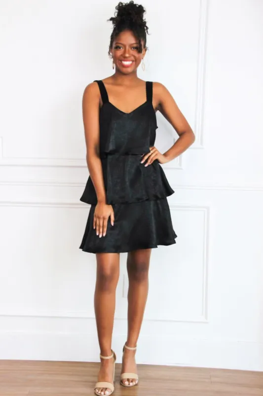 Tiered to Perfection Satin Dress: Black sold by Bella and Bloom