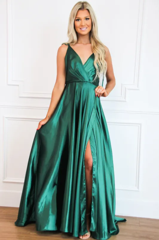 Born to Love You Satin Slit Formal Dress: Emerald sold by Bella and Bloom