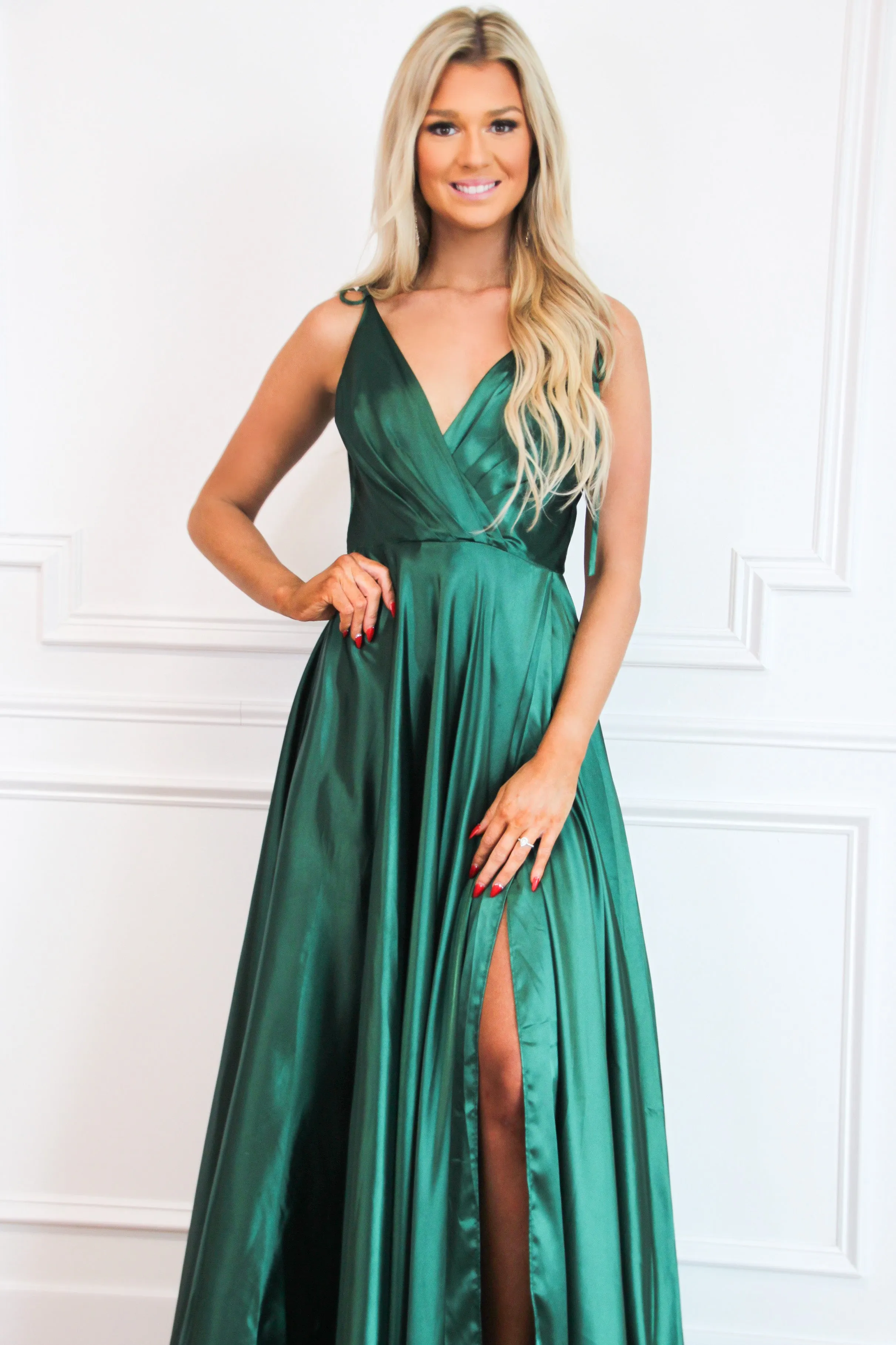 Born to Love You Satin Slit Formal Dress: Emerald sold by Bella and Bloom product image thumbnail 2