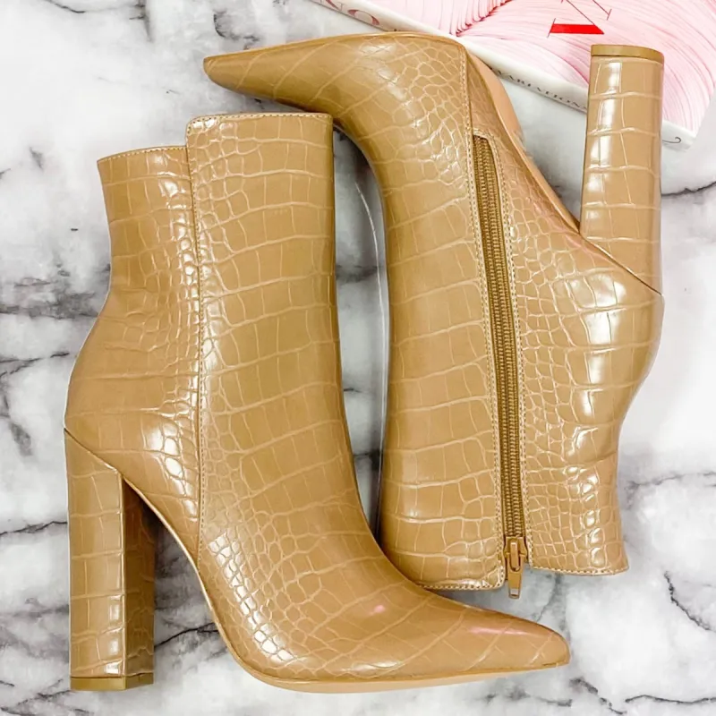 Maxwell Croc Booties: Camel sold by Bella and Bloom