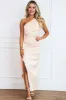 Ellery Satin Ruffle One Shoulder Maxi Dress: Champagne sold by Bella and Bloom