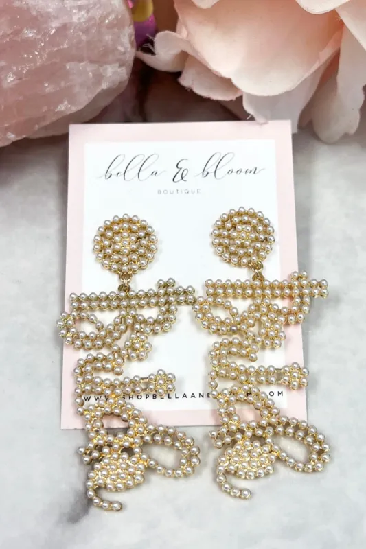 Cursive Bride Earrings: Pearl/Gold sold by Bella and Bloom