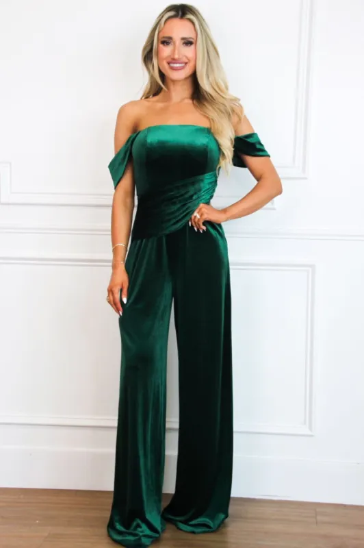 Tara Off Shoulder Velvet Jumpsuit: Emerald sold by Bella and Bloom