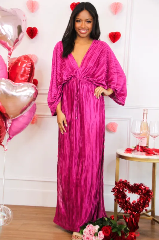 Junie Pleated Batwing Maxi Dress: Magenta sold by Bella and Bloom