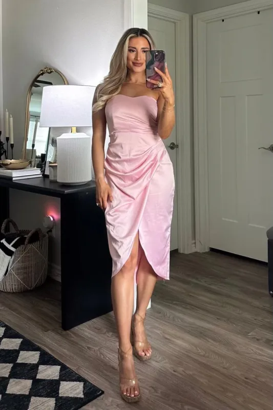 Delia Strapless Satin Dress: Light Pink sold by Bella and Bloom