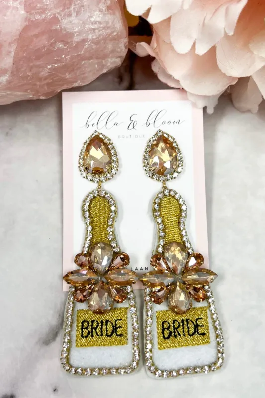 Bachelorette Bride Champagne Bottle Earrings: White/Gold sold by Bella and Bloom