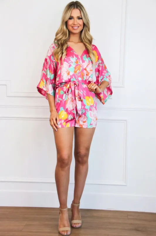 Courtney Floral Kimono Satin Romper: Fuchsia Multi sold by Bella and Bloom