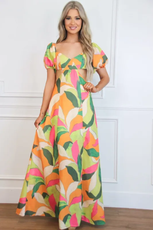 Eyes on Paradise Cutout Floral Maxi Dress: Orange/Lime Multi sold by Bella and Bloom