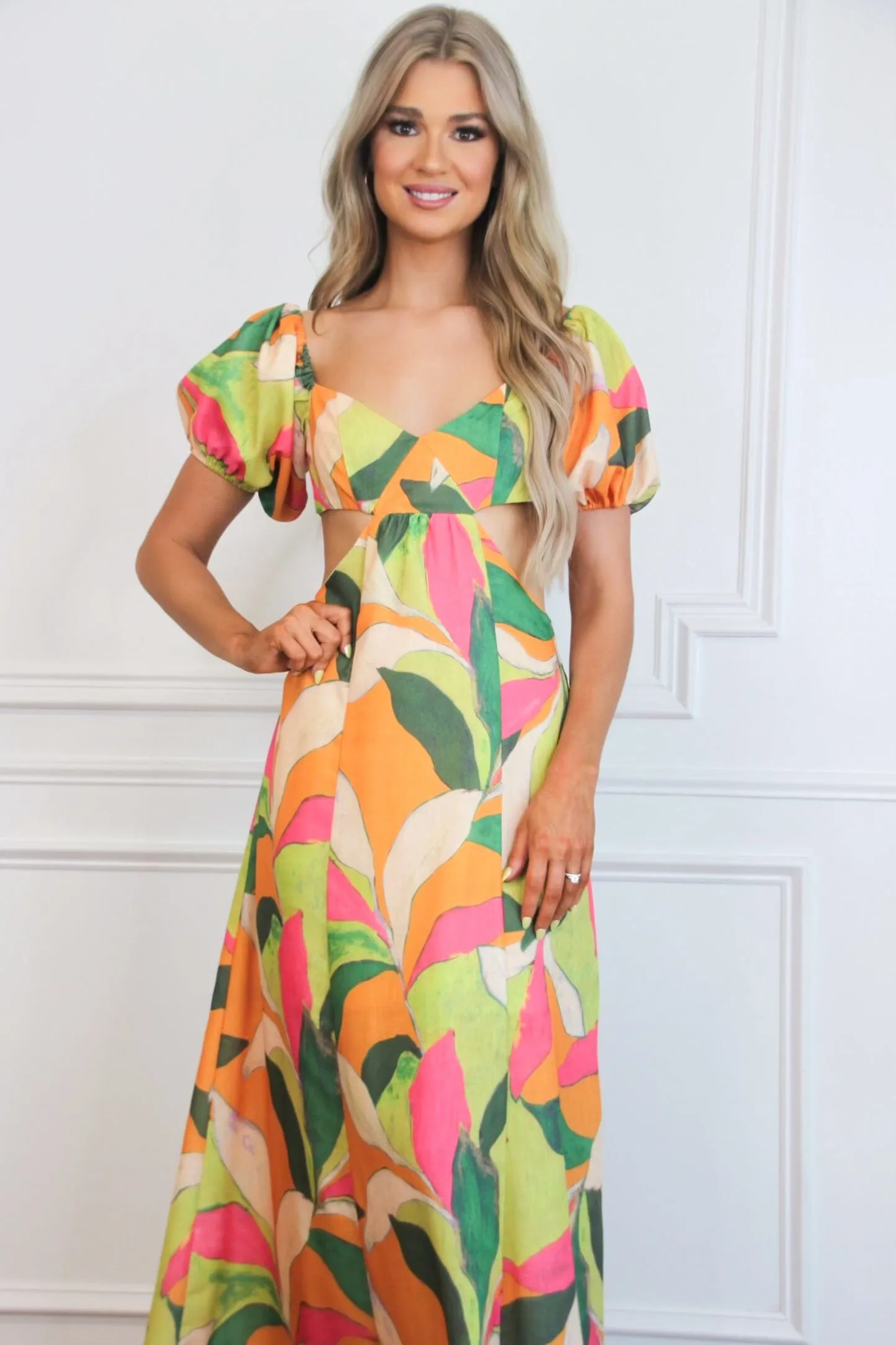 Eyes on Paradise Cutout Floral Maxi Dress: Orange/Lime Multi sold by Bella and Bloom product image thumbnail 3