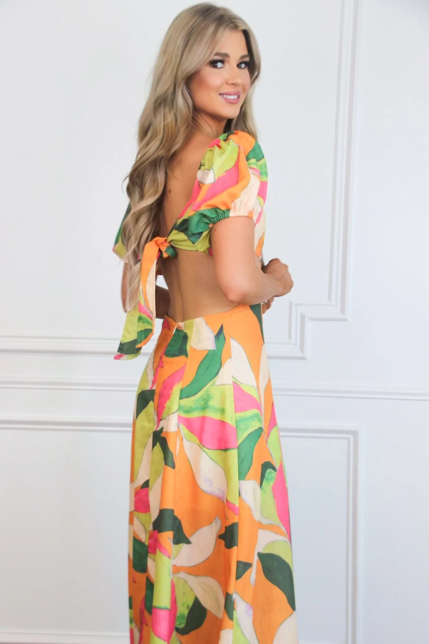 Eyes on Paradise Cutout Floral Maxi Dress: Orange/Lime Multi sold by Bella and Bloom product image thumbnail 2