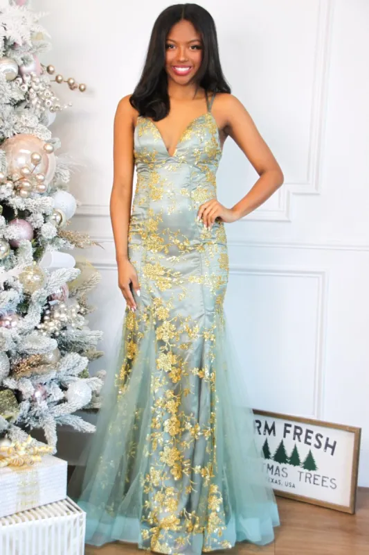 Never Ending Sequin Mermaid Maxi Dress: Sage/Gold sold by Bella and Bloom