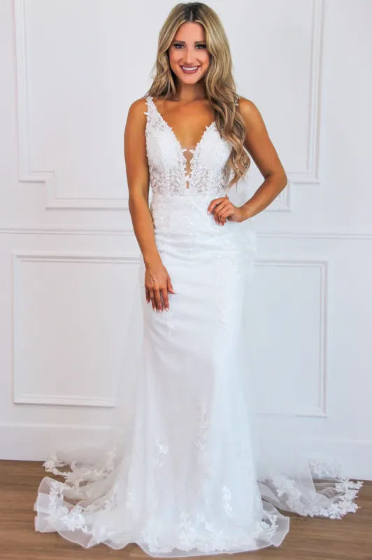 Love of a Lifetime Lace Nude Illusion Wedding Dress: White sold by Bella and Bloom