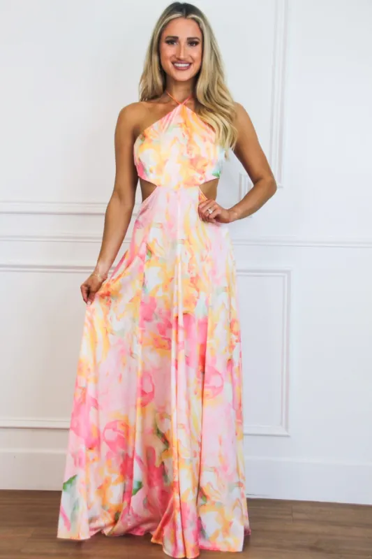 Lyana Watercolor Pastel Open Back Maxi Dress: Pink/Orange Multi sold by Bella and Bloom