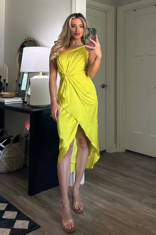 Charming Dedications Satin One Shoulder Midi Dress: Neon Yellow sold by Bella and Bloom