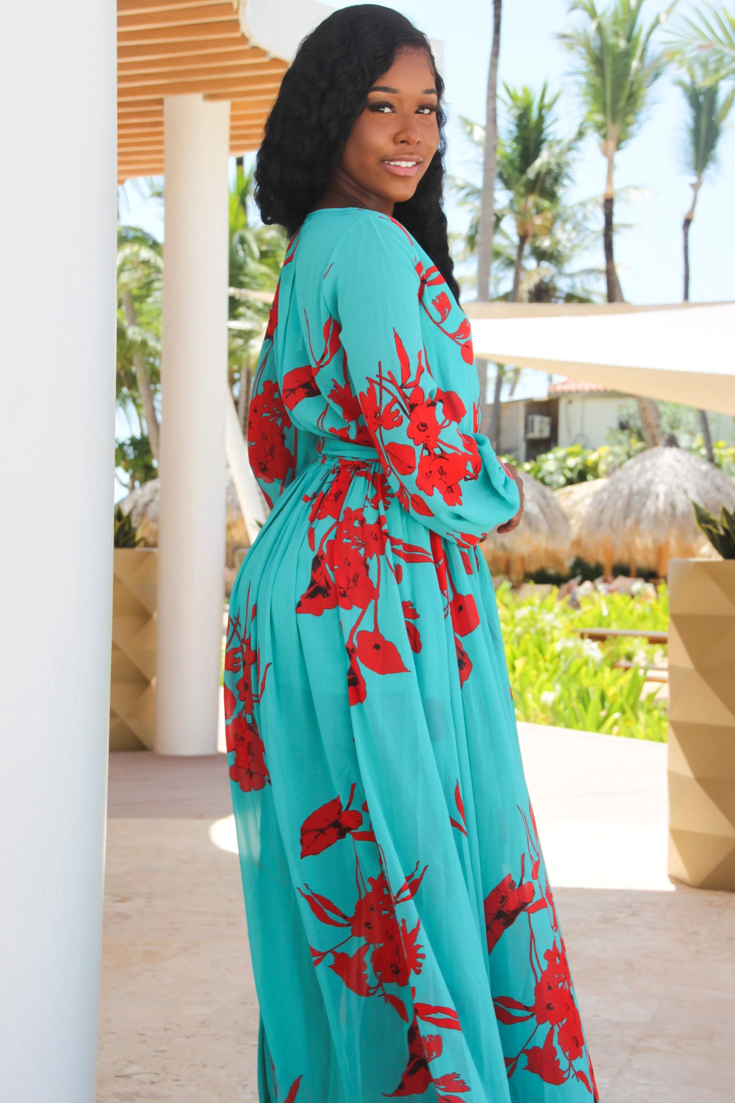Hawaiian Islands Long Sleeve Maxi Dress: Aqua/Red sold by Bella and Bloom product image thumbnail 2