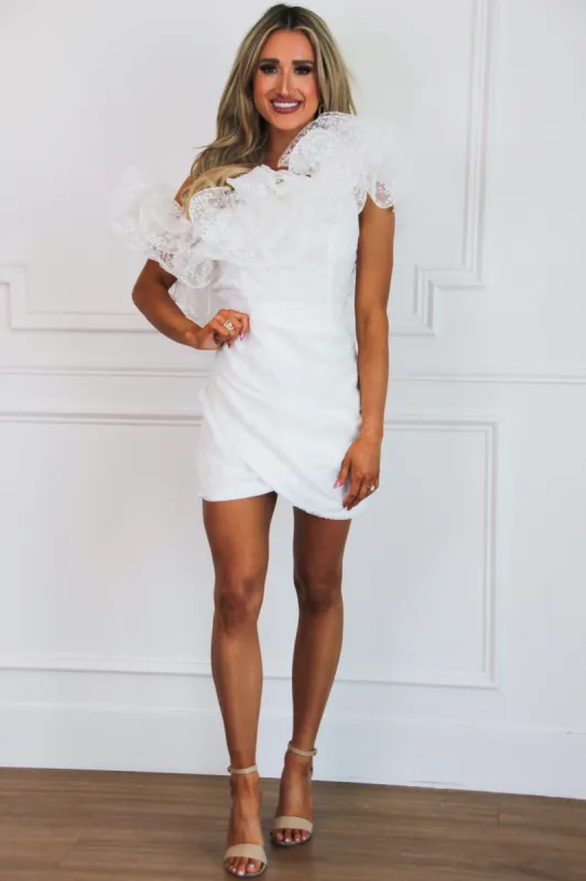 Girly Bride Ruffle Asymmetrical Dress: White sold by Bella and Bloom