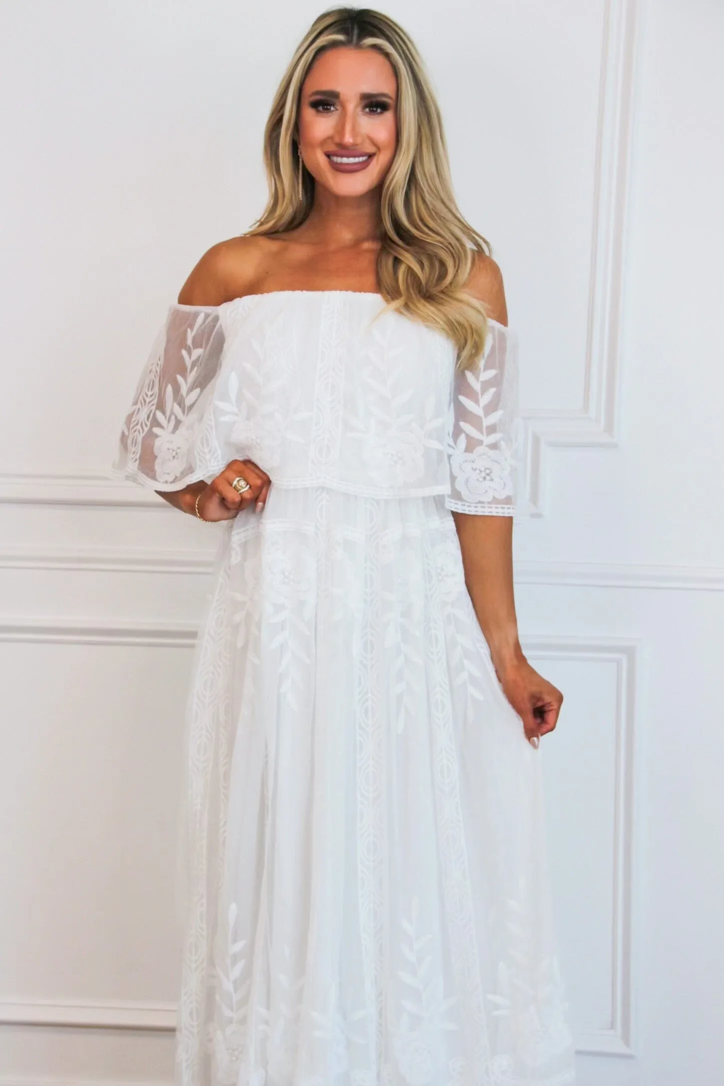 Pia Lace Off Shoulder Maxi Dress: White sold by Bella and Bloom product image thumbnail 2